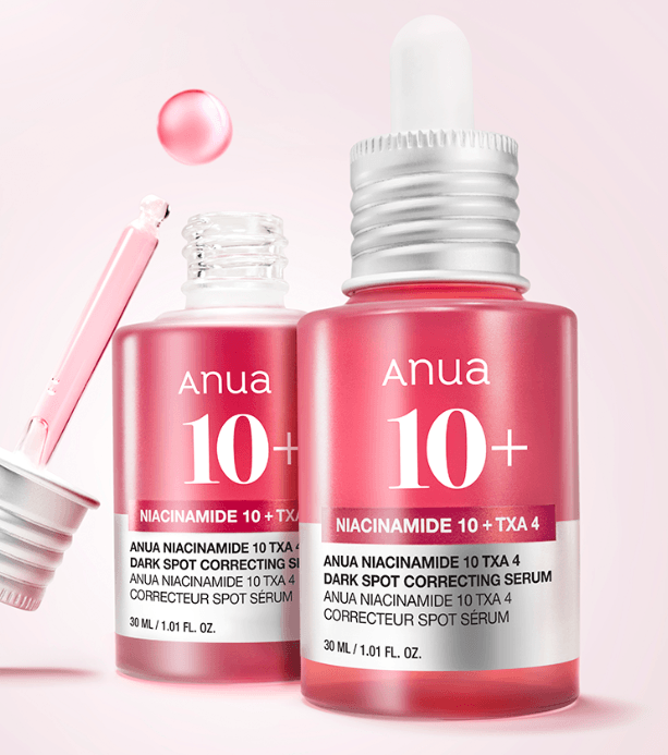 Anua TXA Niacinamide Serum bottle on a clean aesthetic vanity