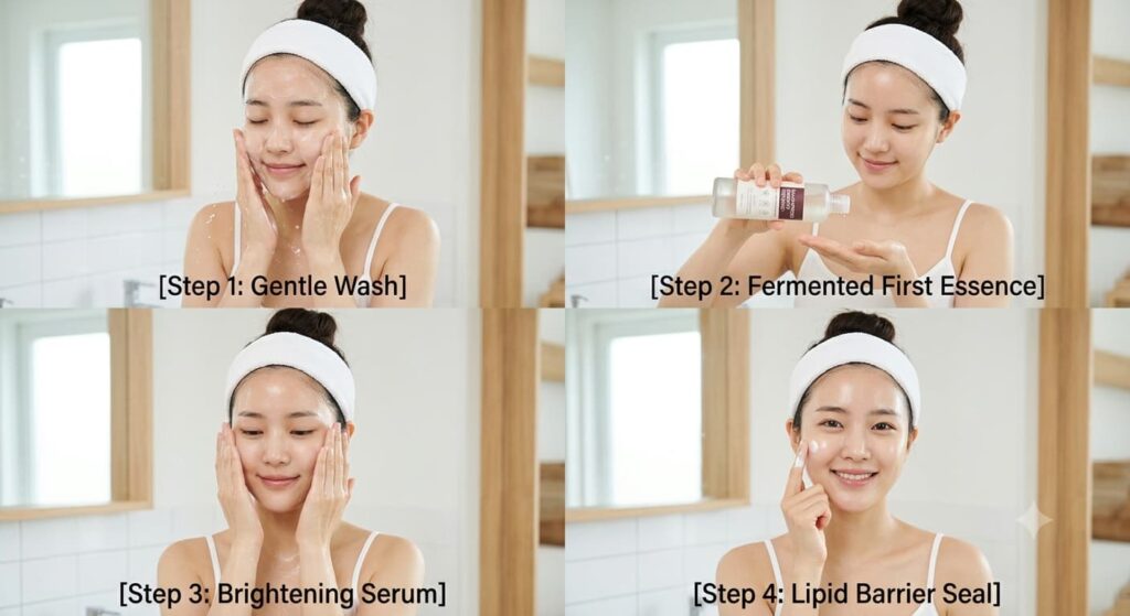 Galactomyces Fermented Skincare routine showing a Korean model applying fermented first essence for glowing glass skin