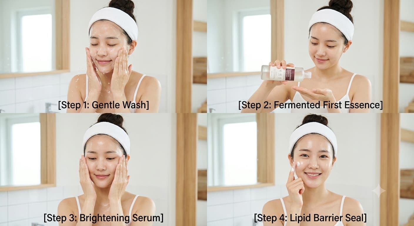 Galactomyces Fermented Skincare routine showing a Korean model applying fermented first essence for glowing glass skin