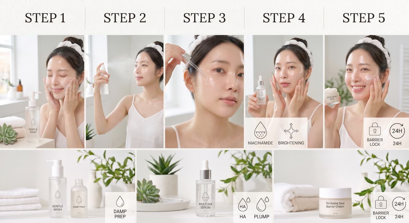 Hyaluronic Acid Hydration Routine featuring a Korean model applying multi-layer hydrating serum for plump glass skin