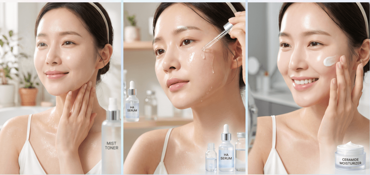 Clear glowing glass skin texture from Hyaluronic Acid and Niacinamide skincare routine