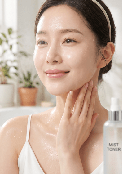 Applying Hyaluronic Acid and Niacinamide serum layering on damp skin