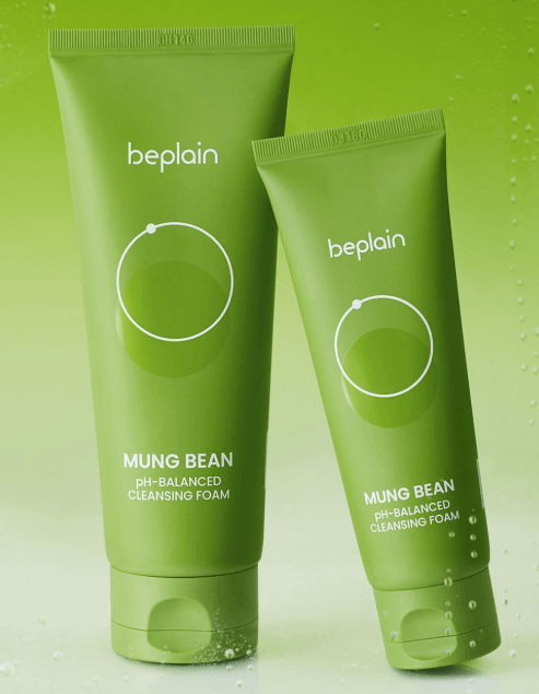 beplain Mung Bean pH-Balanced Cleansing Foam tube and rich lather on hands