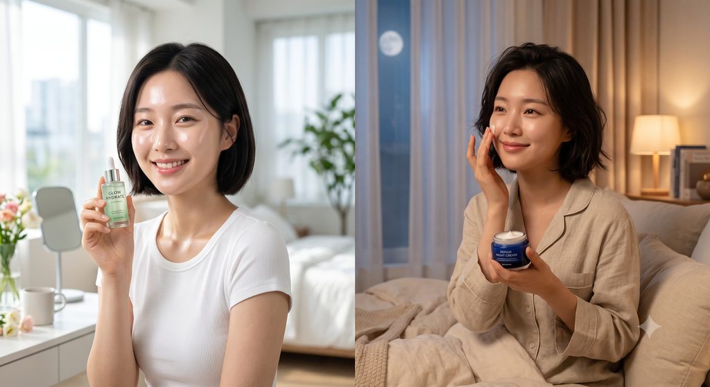 Infographic diagram comparing Morning and Night K-Beauty Routine steps side by side