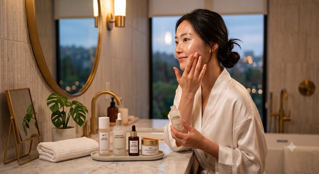 Korean woman applying ceramide toner during night one of her Korean skin cycling routine